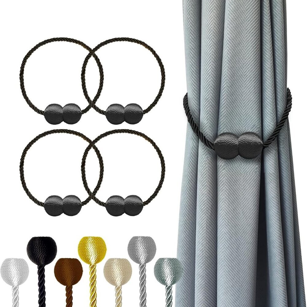 Magnetic Curtain Tiebacks 4 Pack, Nickel-plated Metal and Polyester, Black